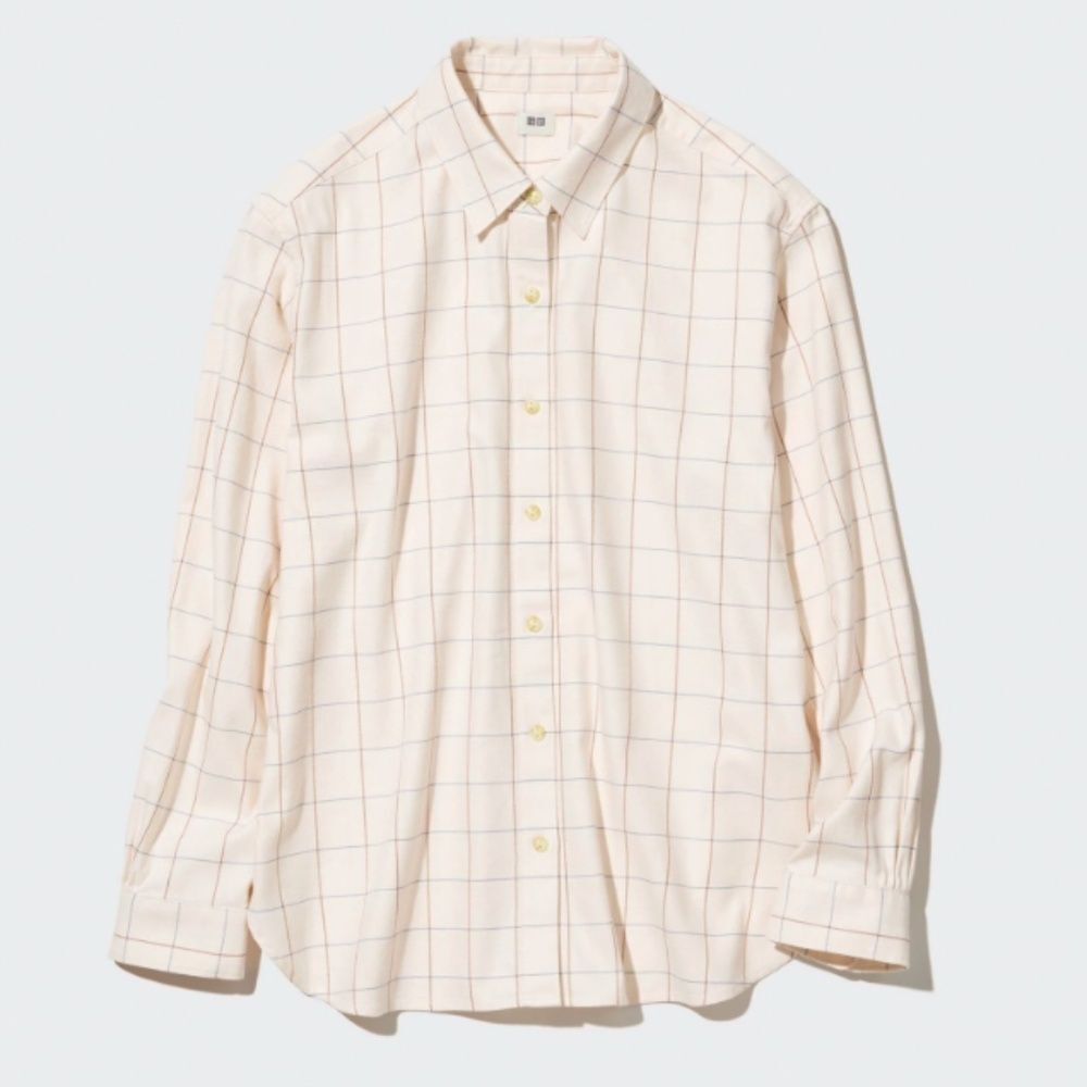 Uniqlo Soft Beige, Checked Long-Sleeve Shirt, Size XS, Oversized & Cozy